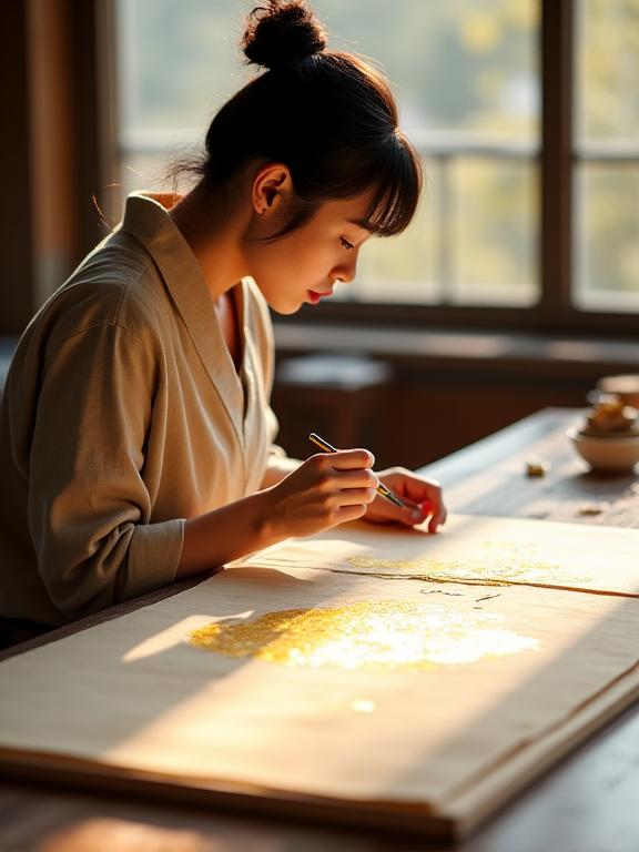 Artist Kana Ito carefully applying gold leaf to a sheet of Washi paper in her sunlit studio.