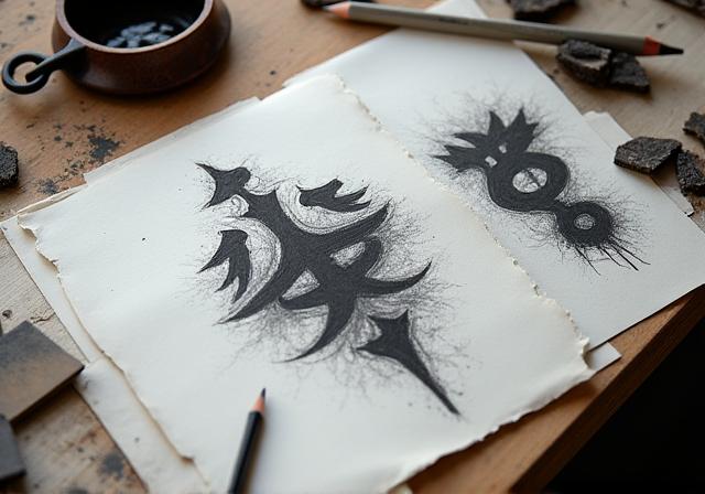 Detailed charcoal sketches of a calligraphy motif on a designer's desk.