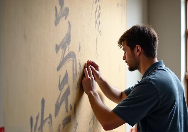 A craftsman carefully smoothing a large sheet of calligraphy wallpaper onto a wall.