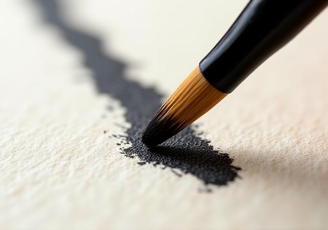 Close-up of a calligraphy brush loaded with black sumi ink touching Washi paper.