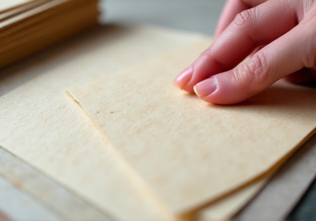 A hand gently feeling the texture of various handmade Japanese Washi papers.
