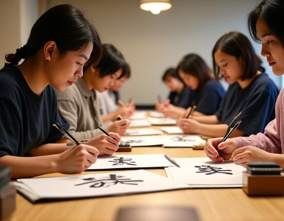 Participants in a calligraphy workshop practicing brush strokes under the guidance of Kana Ito.