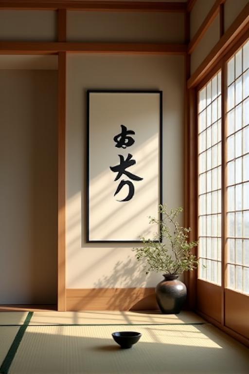 A tranquil tea room with a single character 'Wa' (harmony) written on a tokonoma alcove wall.