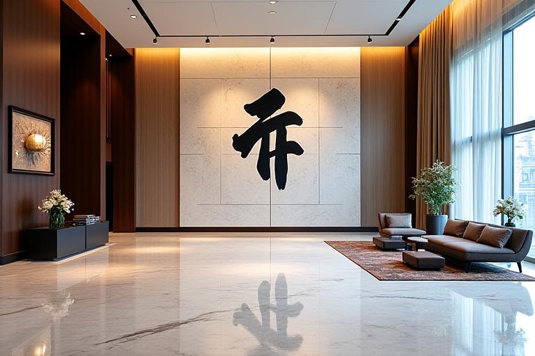 The expansive lobby of a luxury hotel, featuring a large-scale, multi-panel calligraphy installation.