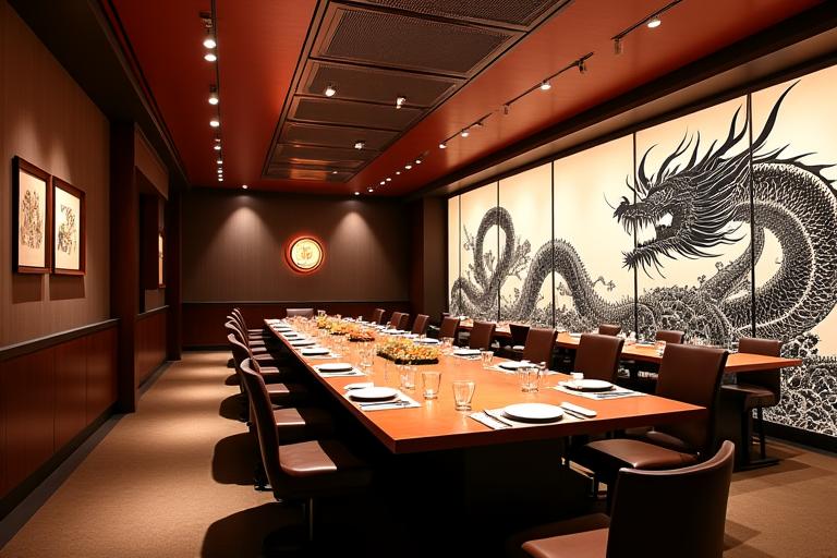 An elegant Japanese restaurant's private dining room with a dramatic dragon calligraphy mural.